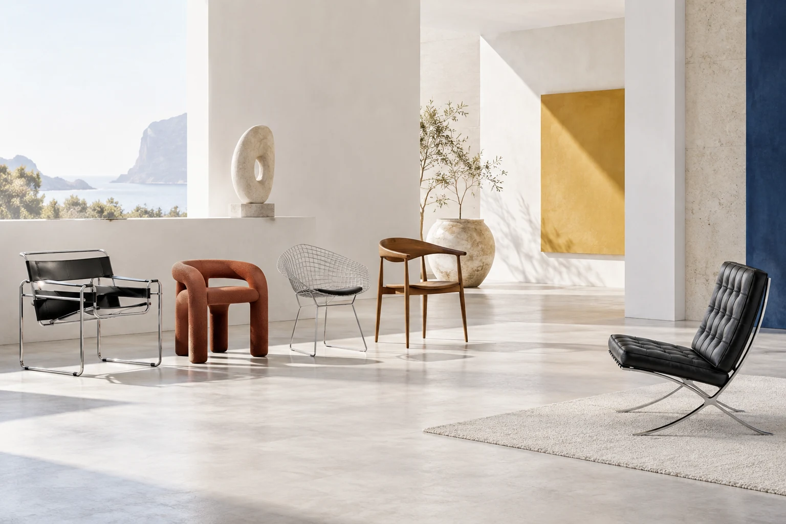 Five empty chairs arranged in a bright architectural gallery